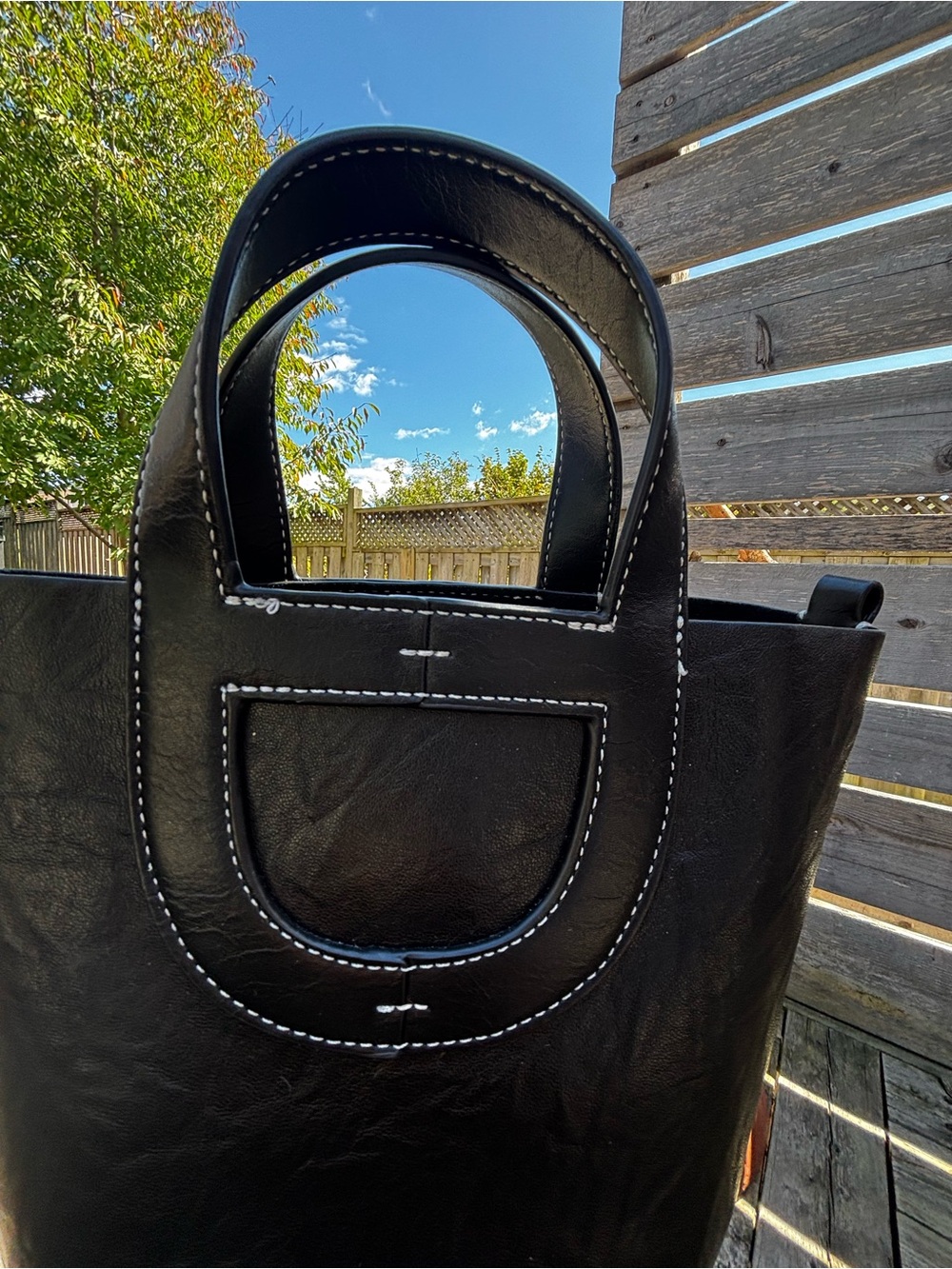 Black Vegan Leather Tote Bag with Contrast Stitching - Picture 8 of 9